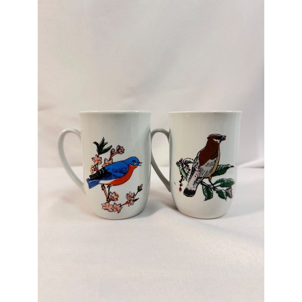 Leonard Porcelain Poland Bird Mugs‎ Set of 2 Bluebird Cedar Waxwing White 4in